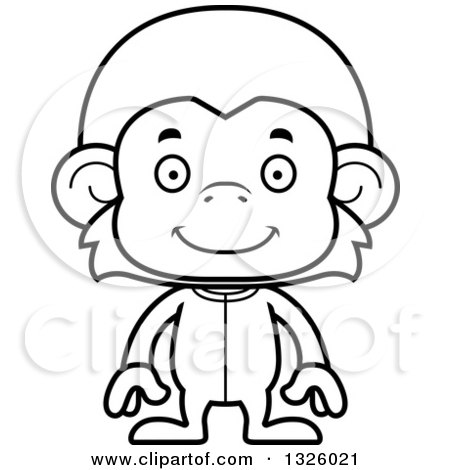 Lineart Clipart of a Cartoon Black and White Happy Monkey Wearing Pajamas - Royalty Free Outline Vector Illustration by Cory Thoman