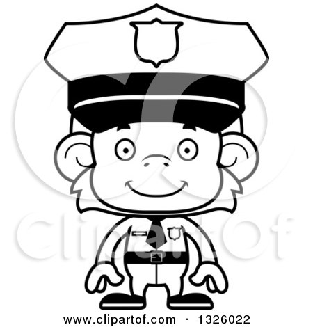 Lineart Clipart of a Cartoon Black and White Happy Monkey Police Officer - Royalty Free Outline Vector Illustration by Cory Thoman