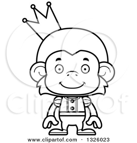 Lineart Clipart of a Cartoon Black and White Happy Monkey Prince - Royalty Free Outline Vector Illustration by Cory Thoman