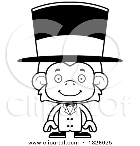 Lineart Clipart of a Cartoon Black and White Happy Monkey Circus Ringmaster - Royalty Free Outline Vector Illustration by Cory Thoman