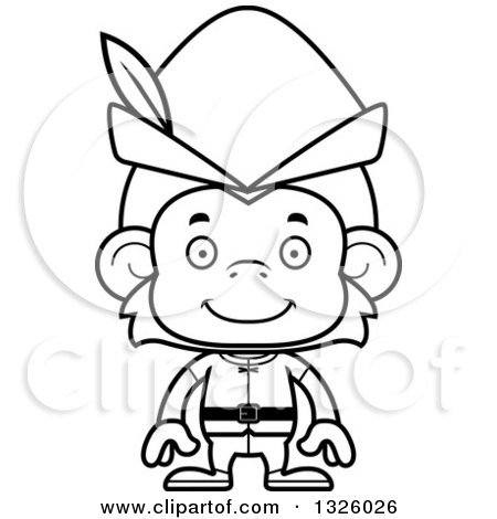 Lineart Clipart of a Cartoon Black and White Happy Robin Hood Monkey - Royalty Free Outline Vector Illustration by Cory Thoman