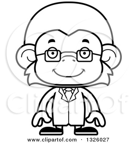 Lineart Clipart of a Cartoon Black and White Happy Monkey Scientist - Royalty Free Outline Vector Illustration by Cory Thoman