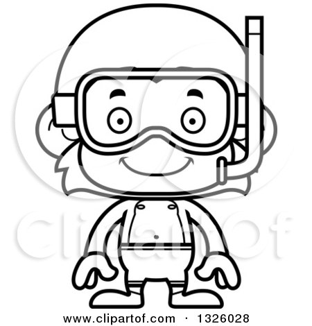 Lineart Clipart of a Cartoon Black and White Happy Monkey in Snorkel Gear - Royalty Free Outline Vector Illustration by Cory Thoman