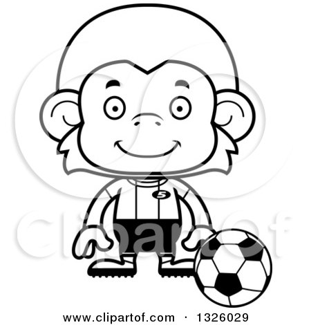 Lineart Clipart of a Cartoon Black and White Happy Monkey Soccer Player - Royalty Free Outline Vector Illustration by Cory Thoman
