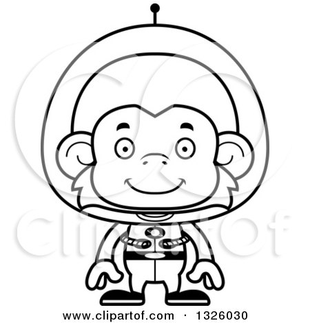 Lineart Clipart of a Cartoon Black and White Happy Futuristic Space Monkey - Royalty Free Outline Vector Illustration by Cory Thoman