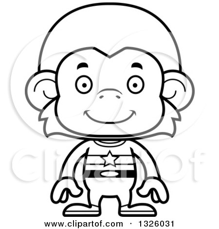 Lineart Clipart of a Cartoon Black and White Happy Monkey Super Hero - Royalty Free Outline Vector Illustration by Cory Thoman