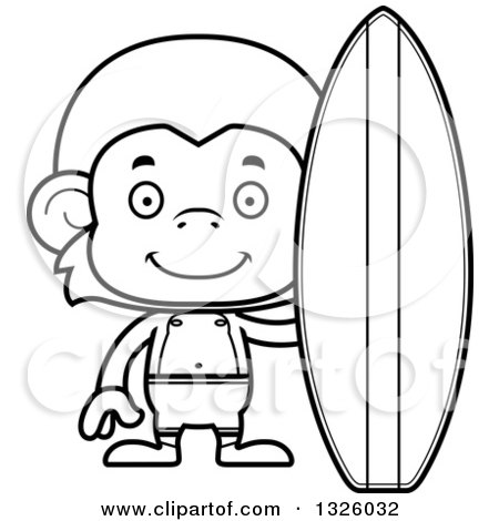 Lineart Clipart of a Cartoon Black and White Happy Surfer Monkey - Royalty Free Outline Vector Illustration by Cory Thoman