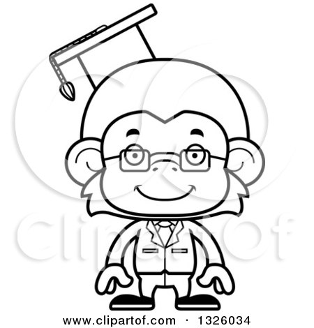 Lineart Clipart of a Cartoon Black and White Happy Monkey Professor - Royalty Free Outline Vector Illustration by Cory Thoman