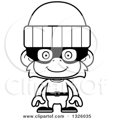 Lineart Clipart of a Cartoon Black and White Happy Monkey Robber - Royalty Free Outline Vector Illustration by Cory Thoman