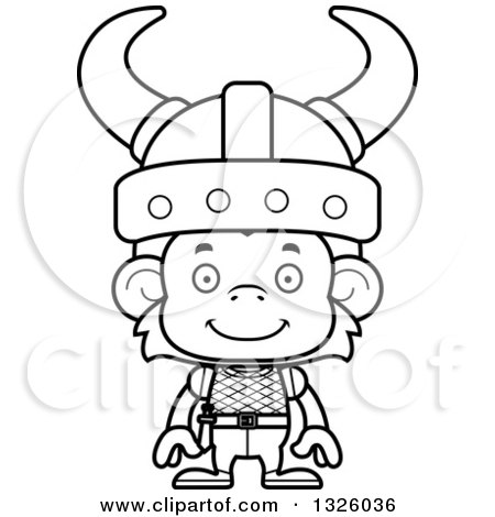 Lineart Clipart of a Cartoon Black and White Happy Monkey Viking - Royalty Free Outline Vector Illustration by Cory Thoman