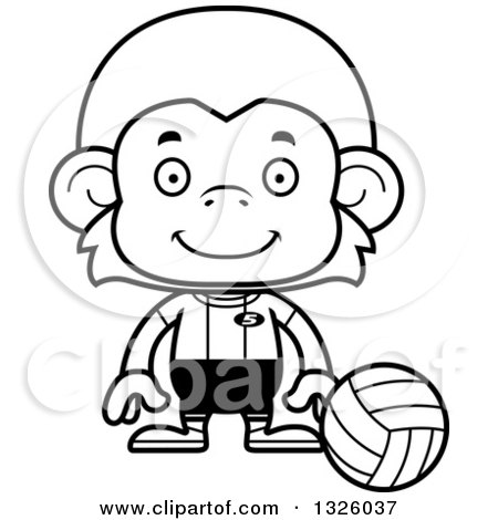 Lineart Clipart of a Cartoon Black and White Happy Monkey Volleyball Player - Royalty Free Outline Vector Illustration by Cory Thoman
