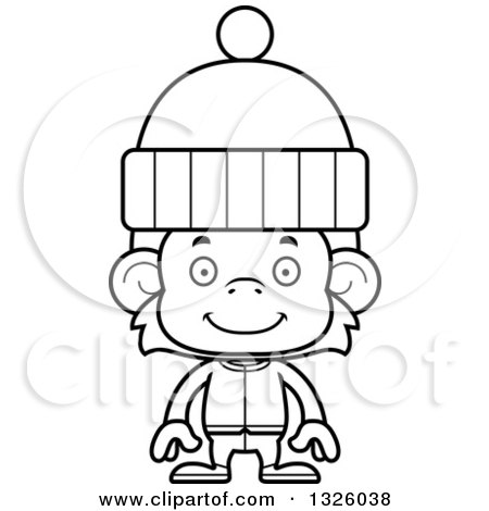 Lineart Clipart of a Cartoon Black and White Happy Monkey in Winter Clothes - Royalty Free Outline Vector Illustration by Cory Thoman