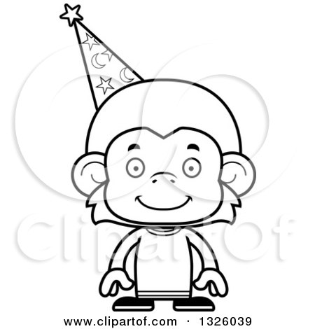 Lineart Clipart of a Cartoon Black and White Happy Monkey Wizard - Royalty Free Outline Vector Illustration by Cory Thoman