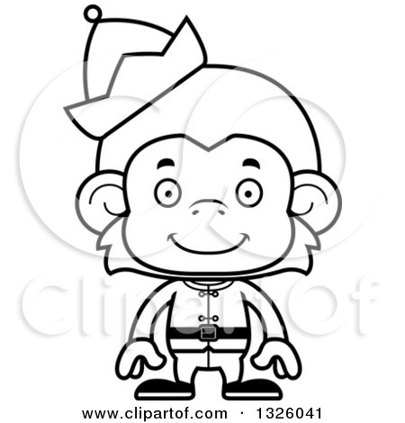 Lineart Clipart of a Cartoon Black and White Happy Monkey Christmas Elf - Royalty Free Outline Vector Illustration by Cory Thoman
