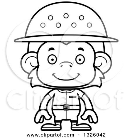 Lineart Clipart of a Cartoon Black and White Happy Monkey Zookeeper - Royalty Free Outline Vector Illustration by Cory Thoman