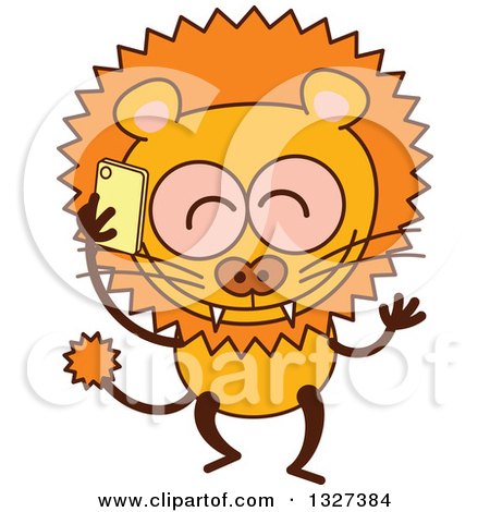 Clipart of a Cartoon Male Lion Talking on a Smart Phone - Royalty Free Vector Illustration by Zooco