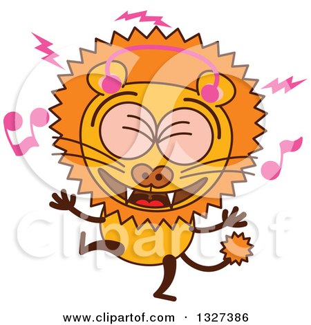 Clipart of a Cartoon Male Lion Singing and Dancing to Music - Royalty Free Vector Illustration by Zooco