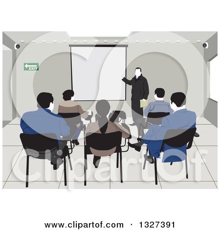 Clipart of a Rear View of Students and a Teacher in a College Class Room - Royalty Free Vector Illustration by David Rey