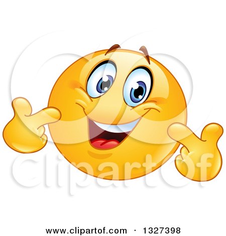 Clipart of a Cartoon Yellow Smiley Emoticon Pointing at Himself - Royalty Free Vector Illustration by yayayoyo