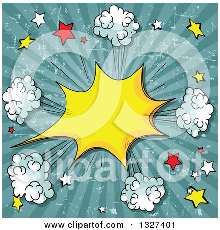 Clipart of a Grungy Distressed Yellow Comic Burst with Poofs and Stars over Rays - Royalty Free Vector Illustration by Pushkin
