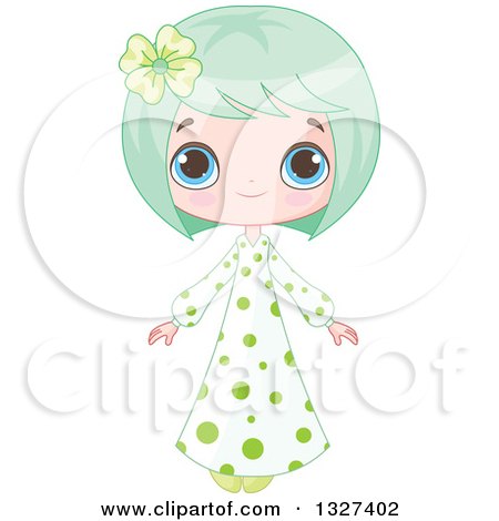 Clipart of a Cartoon Blue Eyed, Green Haired, White Girl in a Polka Dot Dress - Royalty Free Vector Illustration by Pushkin