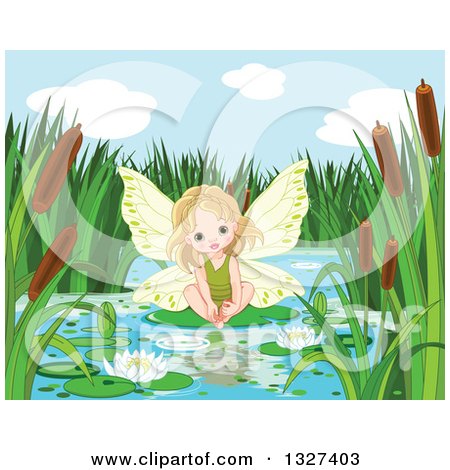 Clipart of a Cute Blond White Toddler Fairy Girl Sitting on a Pond Lily Pad - Royalty Free Vector Illustration by Pushkin