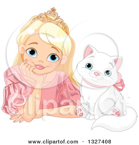 Clipart of a Blond Caucasian Princess in a Pink Gown, Resting Her Chin in Her Hand on a Table by a Happy White Cat - Royalty Free Vector Illustration by Pushkin