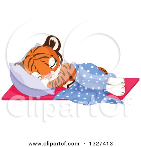 Clipart of a Cute Baby Tiger Cub Sleeping Against a Pillow - Royalty Free Vector Illustration by Pushkin