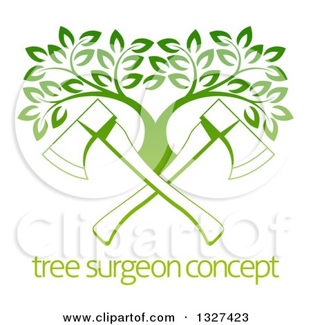 Clipart of Gradient Green Crossed Axes and a Tree over Sample Text - Royalty Free Vector Illustration by AtStockIllustration