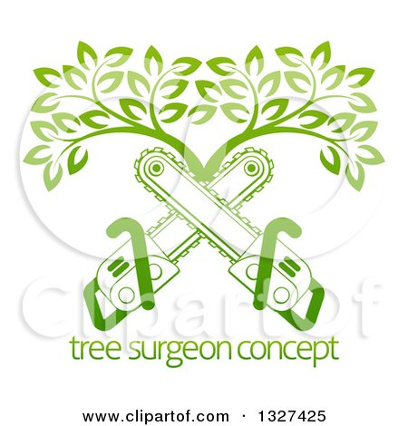 Clipart of Gradient Green Crossed Chainsaws and a Tree over Sample Text - Royalty Free Vector Illustration by AtStockIllustration