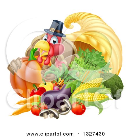 Clipart of a Cute Turkey Bird Pilgrim Giving a Thumb Up, with Harvest Produce and a Cornucopia 2 - Royalty Free Vector Illustration by AtStockIllustration