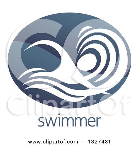 Clipart of a Shiny Gradient Dark Blue Abstract Swimmer Doing the Butterfly in Waves over Sample Text - Royalty Free Vector Illustration by AtStockIllustration