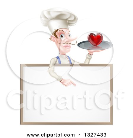 Clipart of a White Male Chef with a Curling Mustache, Holding a Heart on a Platter and Pointing down over a White Sign - Royalty Free Vector Illustration by AtStockIllustration