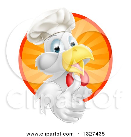Clipart of a Happy White Chef Chicken Giving a Thumb up and Emerging from a Circle of Sun Rays - Royalty Free Vector Illustration by AtStockIllustration