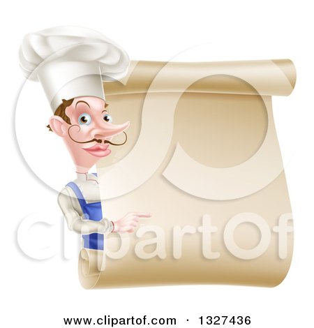 Clipart of a White Male Chef with a Curling Mustache, Pointing Around a Blank Menu Scroll - Royalty Free Vector Illustration by AtStockIllustration