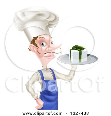 Clipart of a White Male Chef with a Curling Mustache, Holding a Gift on a Platter - Royalty Free Vector Illustration by AtStockIllustration