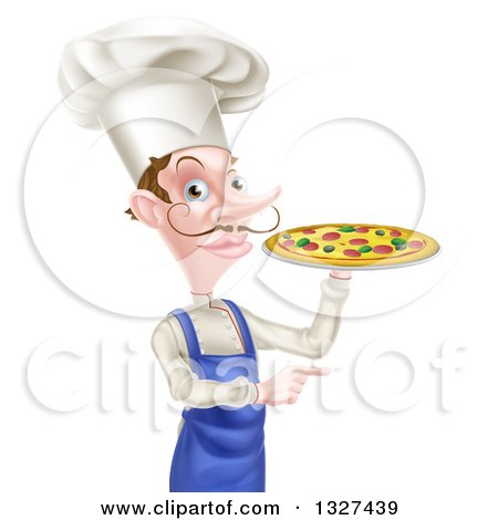 Clipart of a White Male Chef with a Curling Mustache, Holding a Pizza and Pointing - Royalty Free Vector Illustration by AtStockIllustration
