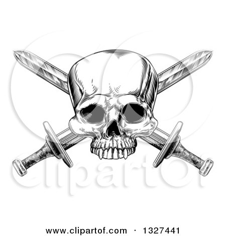 Clipart of a Black and White Engraved Pirate Skull and Cross Swords - Royalty Free Vector Illustration by AtStockIllustration
