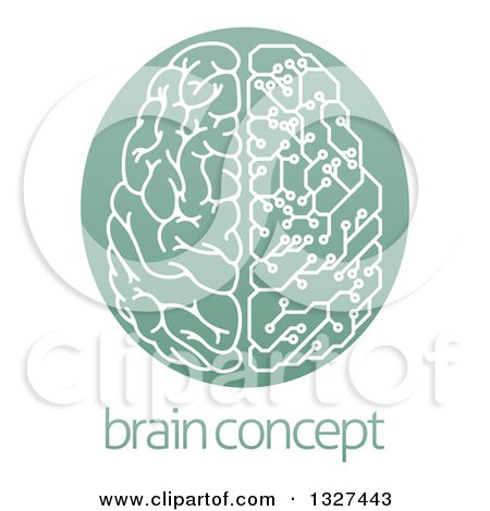 Clipart of a Half Human, Half Artificial Intelligence Circuit Board Brain in a Green Oval, over Sample Text - Royalty Free Vector Illustration by AtStockIllustration