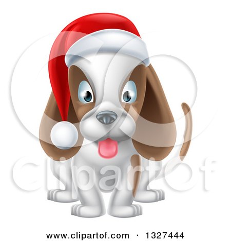 Clipart of a Happy Christmas Dog Sitting and Wearing a Santa Hat - Royalty Free Vector Illustration by AtStockIllustration