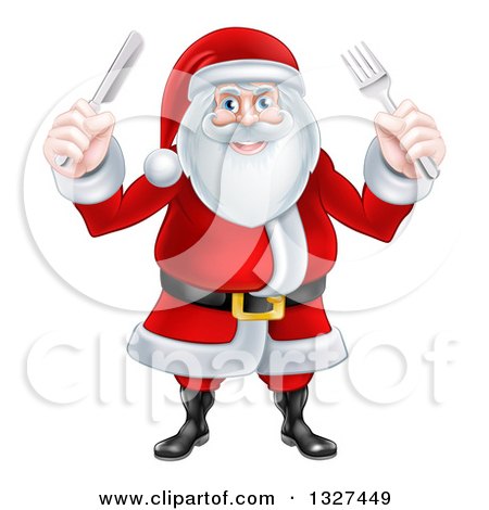 Clipart of a Happy Christmas Santa Claus Standing and Holding Silverware - Royalty Free Vector Illustration by AtStockIllustration