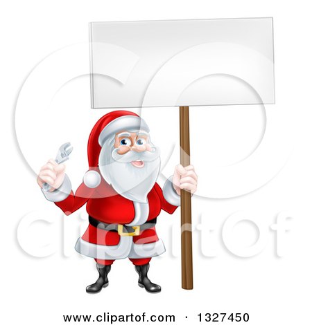 Clipart of a Happy Christmas Santa Holding an Adjustable Wrench and Blank Sign - Royalty Free Vector Illustration by AtStockIllustration