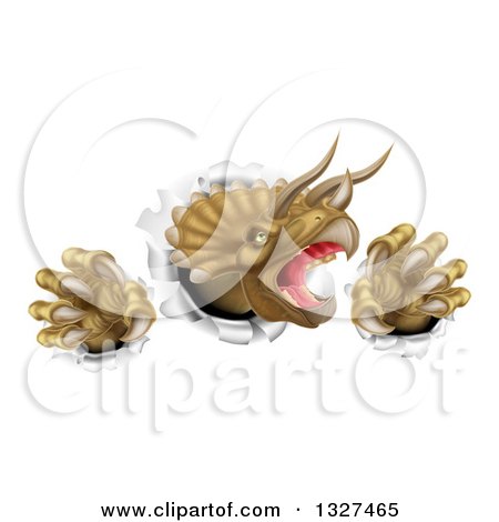 Clipart of a 3d Roaring Angry Triceratops Dinosaur Slashing Through a Wall - Royalty Free Vector Illustration by AtStockIllustration
