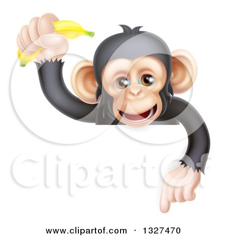 Clipart of a Happy Chimpanzee Monkey Holding up a Banana and Pointing down over a Sign - Royalty Free Vector Illustration by AtStockIllustration