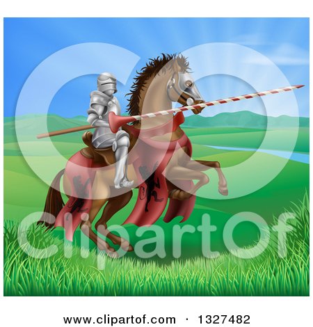 Clipart of a 3d Knight Holding a Jousting Lance on a Rearing Brown Horse in a Valley - Royalty Free Vector Illustration by AtStockIllustration