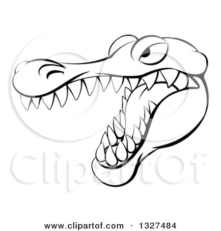 Clipart of a Black and White Aggressive Snapping Alligator Mascot Head - Royalty Free Vector Illustration by AtStockIllustration