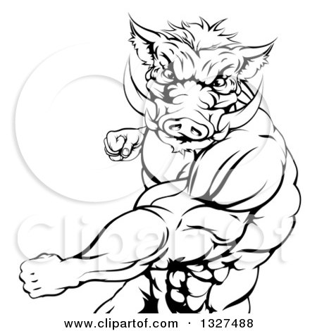 Clipart of a Black and White Muscular Fighting Boar Man Punching - Royalty Free Vector Illustration by AtStockIllustration