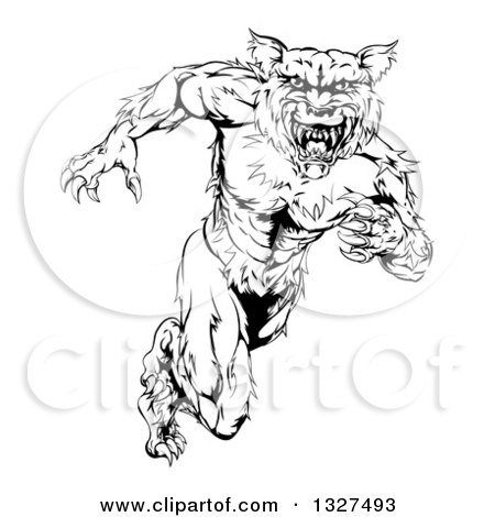 Clipart of a Black and White Muscular Wolf Man Sprinting Upright - Royalty Free Vector Illustration by AtStockIllustration