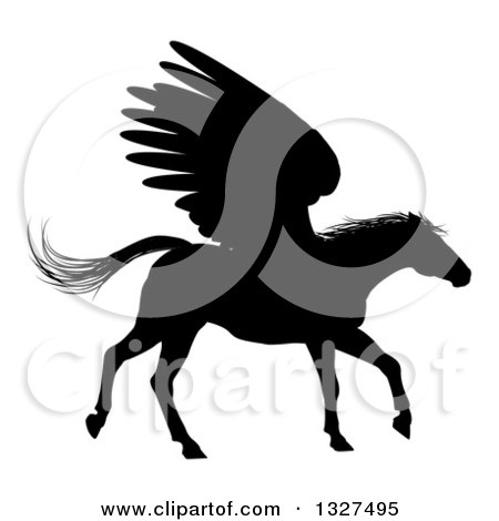 Clipart of a Black Silhouetted Trotting Winged Pegasus Horse - Royalty Free Vector Illustration by AtStockIllustration