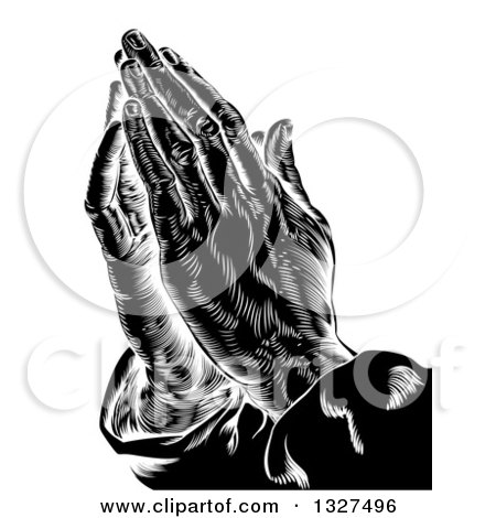 Clipart of a Black and White Engraved Prayer Hands - Royalty Free Vector Illustration by AtStockIllustration